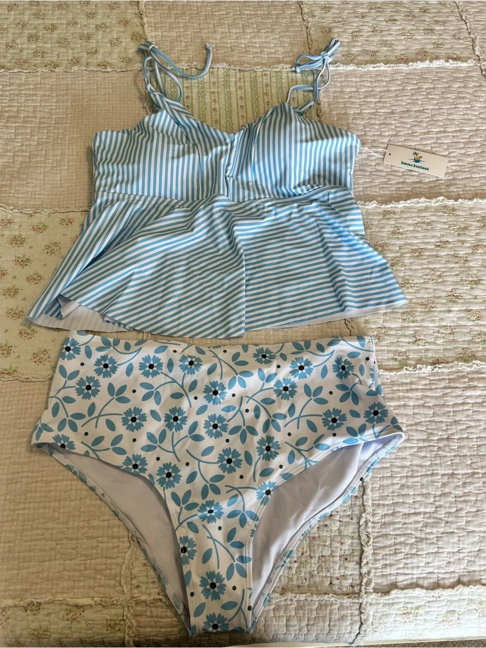 Beachsissi Blue Striped & Floral Tie-Shoulder Tankini Set - Women Swim